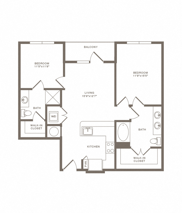 Floor plan for 2 beds, 2 baths, 1035 sqft
